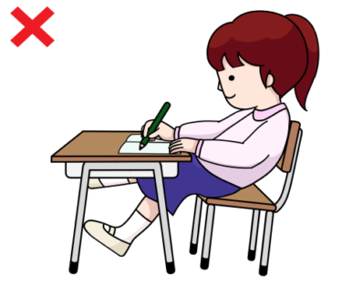 浅く椅子に腰かけ、背中を丸めて背もたれによりかかった姿勢で机に向かう女の子のイラスト