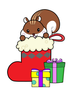 リスがクリスマスブーツから顔を出しているカットイラスト（カラー・モノクロ）