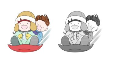 そり遊びのカットイラスト（カラー・モノクロ）