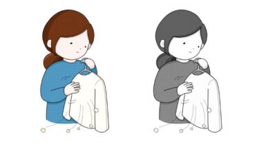 洗濯物をはらってから取り入れるカットイラスト（カラー・モノクロ）