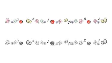 虫たちと花の春らしい飾り罫線（横）(カラー・モノクロ）