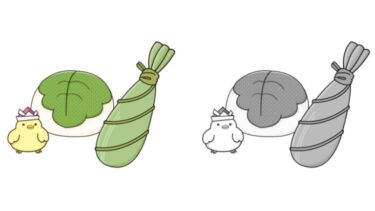 ひよこと柏餅のカットイラスト（カラー・モノクロ）