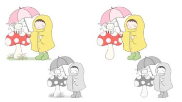 雨傘と猫のカットイラスト（カラー・モノクロ）