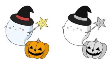 ハロウィンゴーストのカットイラスト（カラー・モノクロ）