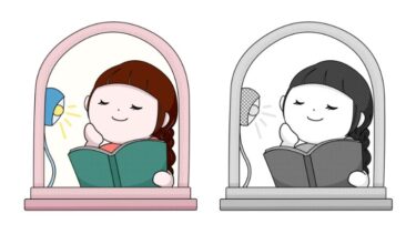 夜の読書のカットイラスト（カラー・モノクロ）