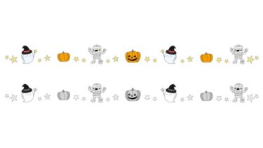 ハロウィンゴーストの飾り罫線（横）（カラー・モノクロ）